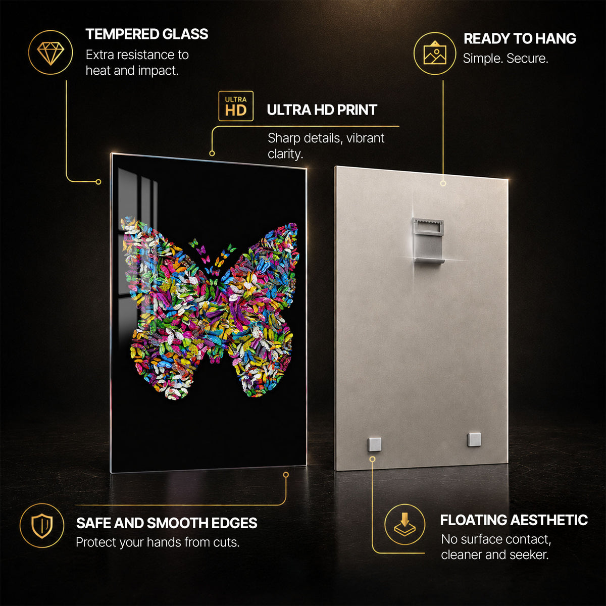 Butterfly Ascension — tempered glass, ultra HD print, ready to hang