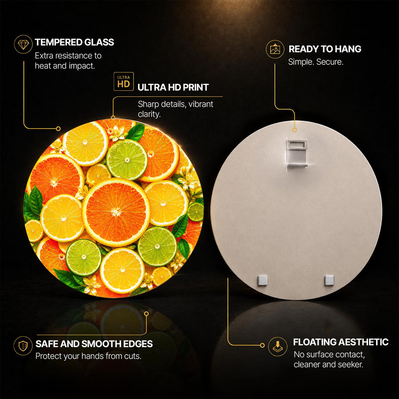 Vibrant Citrus Medley — tempered glass, ultra HD print, ready to hang