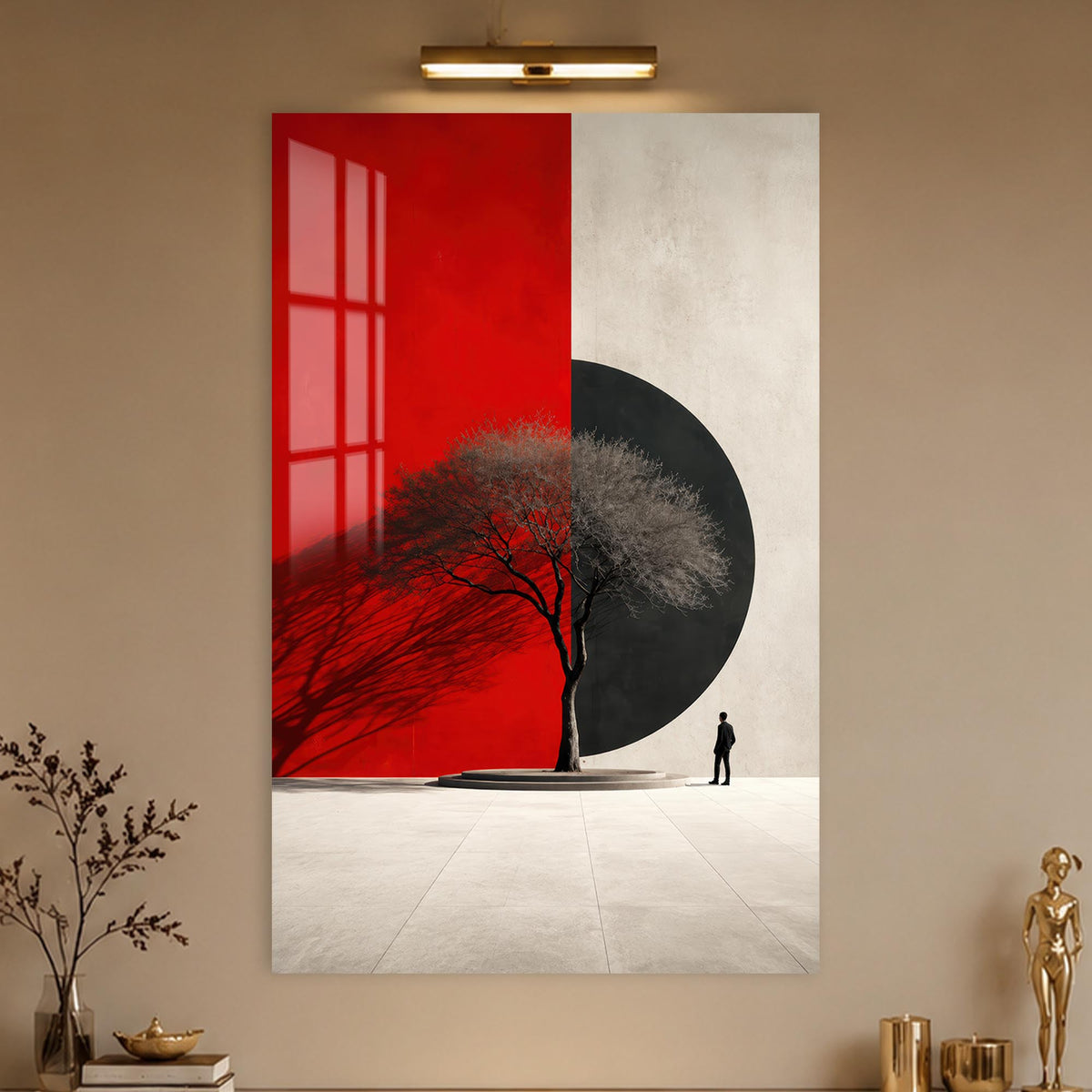 Tree Before Black Circle in a modern room