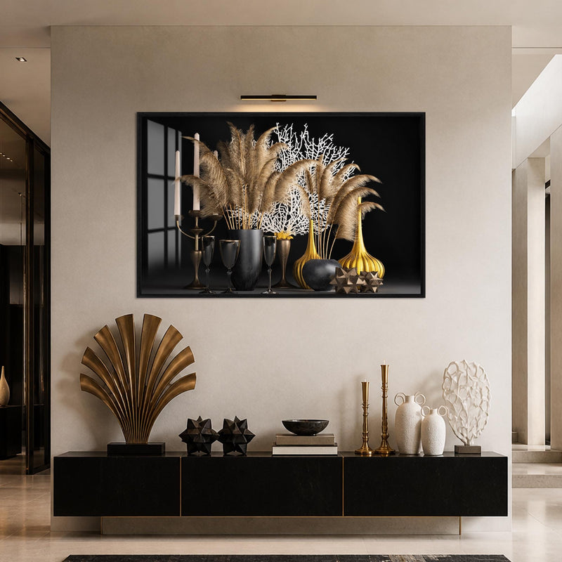 Artronauts Glass Print 18x12 cm | 7.1"x4.7" / Black Pampas and Coral Still Life Glass Wall Art