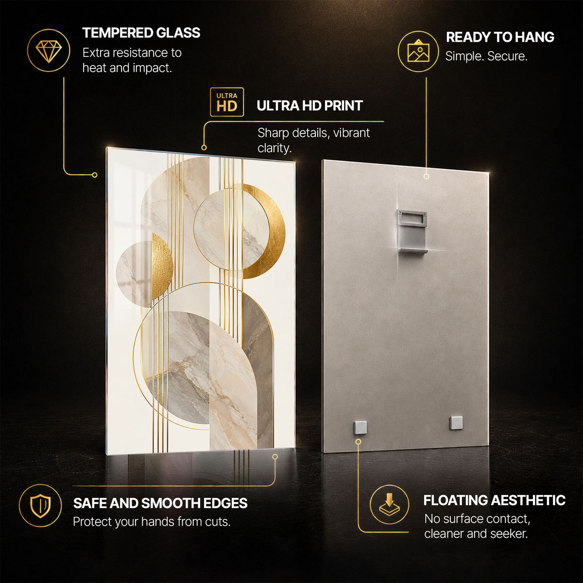Golden Marble Harmony II — tempered glass, ultra HD print, ready to hang