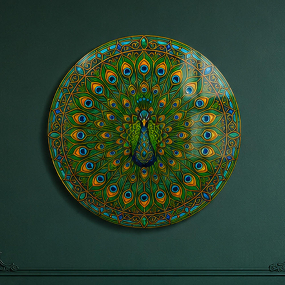Emerald Peacock Mandala — tempered glass, ultra HD print, ready to hang