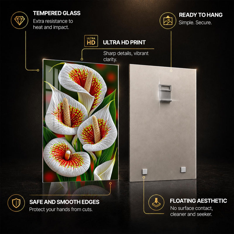 Crimson Calla Lilies — tempered glass, ultra HD print, ready to hang