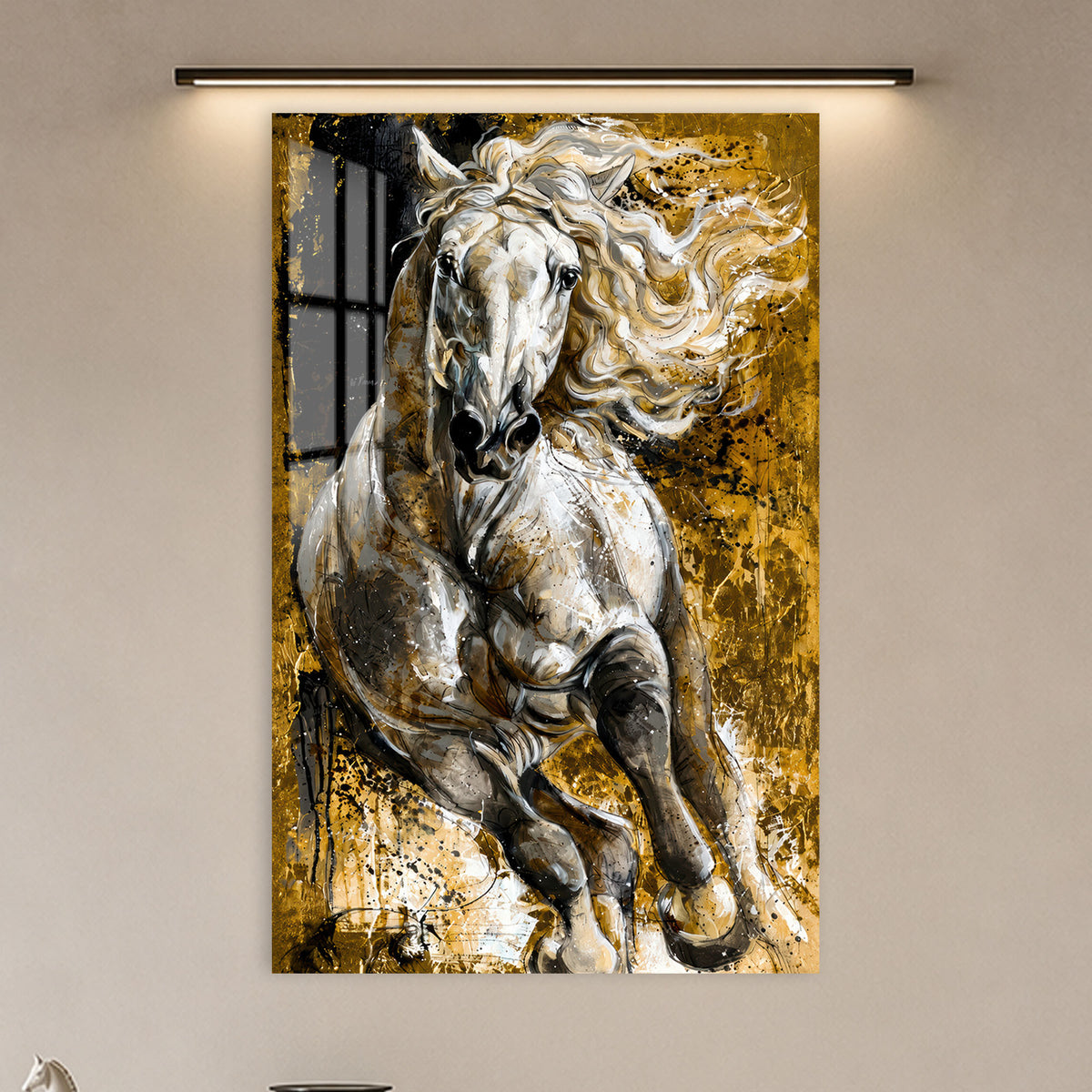 Golden White Stallion in a modern room