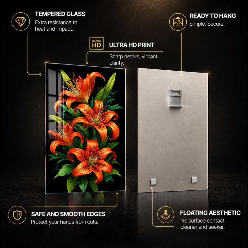 Radiant Tiger Lilies — tempered glass, ultra HD print, ready to hang