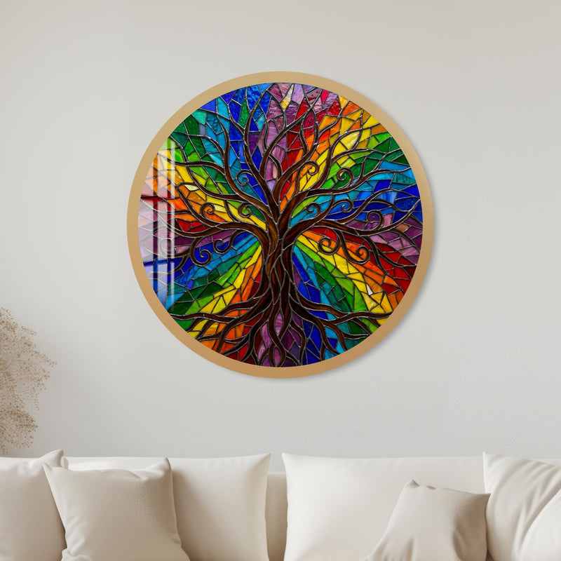 Rainbow Stained Glass Tree Of Life with gold frame