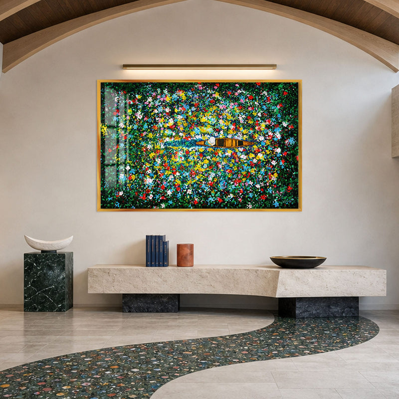 Artronauts Glass Print 18x12 cm | 7.1"x4.7" / Gold Boat Through Flower Field Glass Wall Art