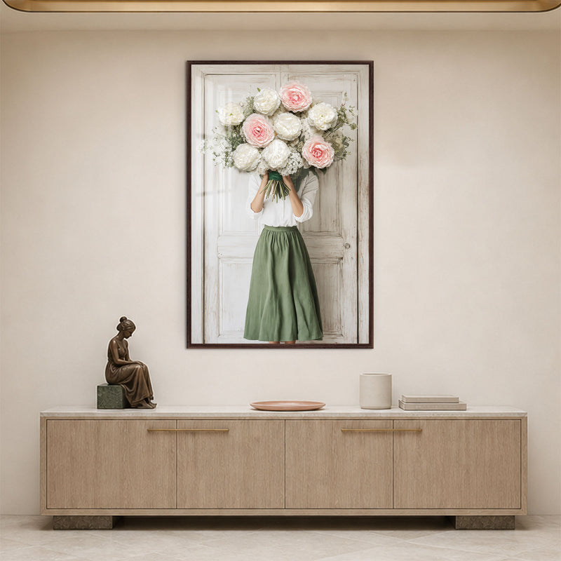 Hidden By Peonies with walnut frame