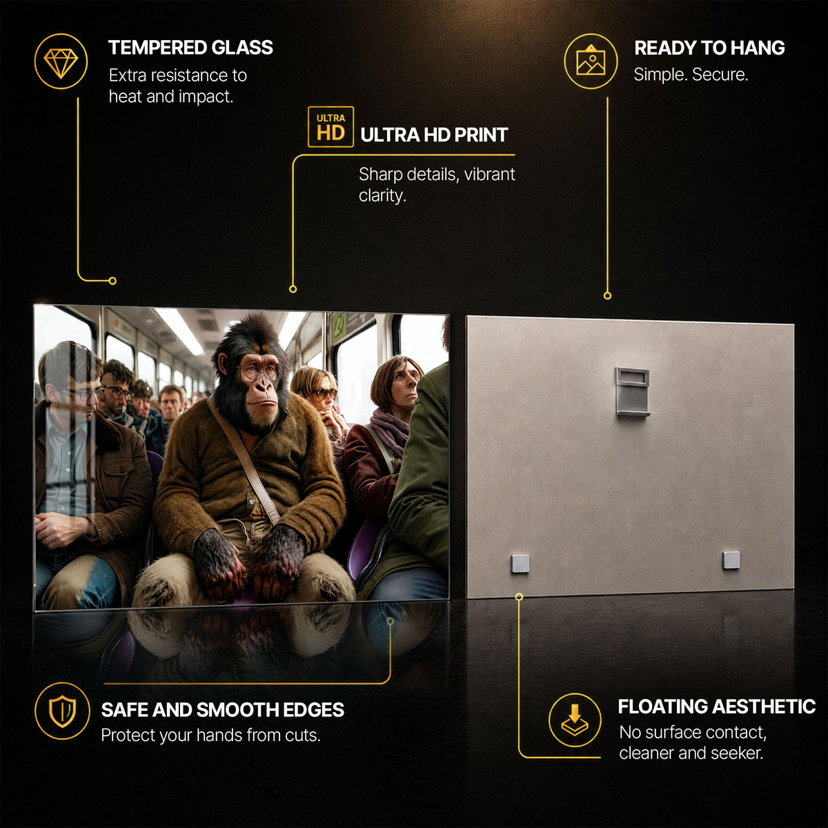 Chimpanzee Train Commuter — tempered glass, ultra HD print, ready to hang