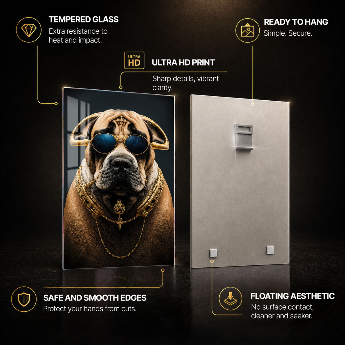 Regal Mastiff — tempered glass, ultra HD print, ready to hang