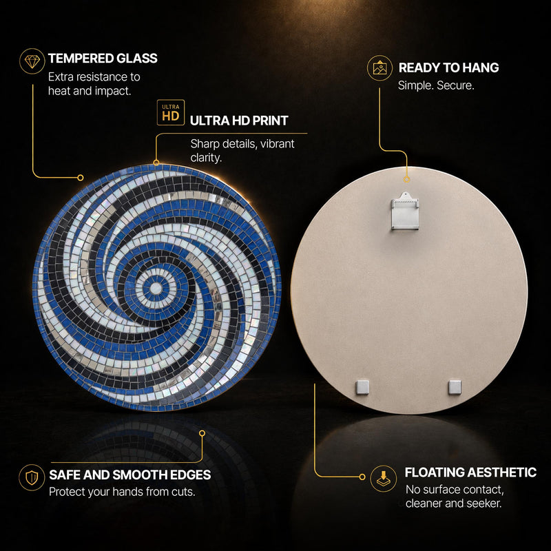 Midnight Mosaic Swirl — tempered glass, ultra HD print, ready to hang