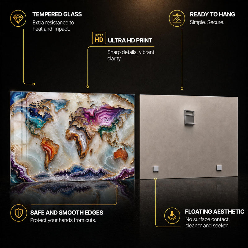 Agate World Map — tempered glass, ultra HD print, ready to hang