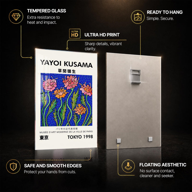Kusama Floral Reverie — tempered glass, ultra HD print, ready to hang