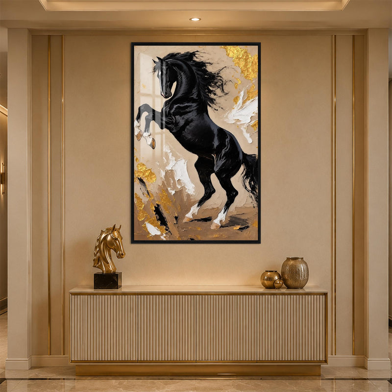 Rearing Black Stallion with black frame
