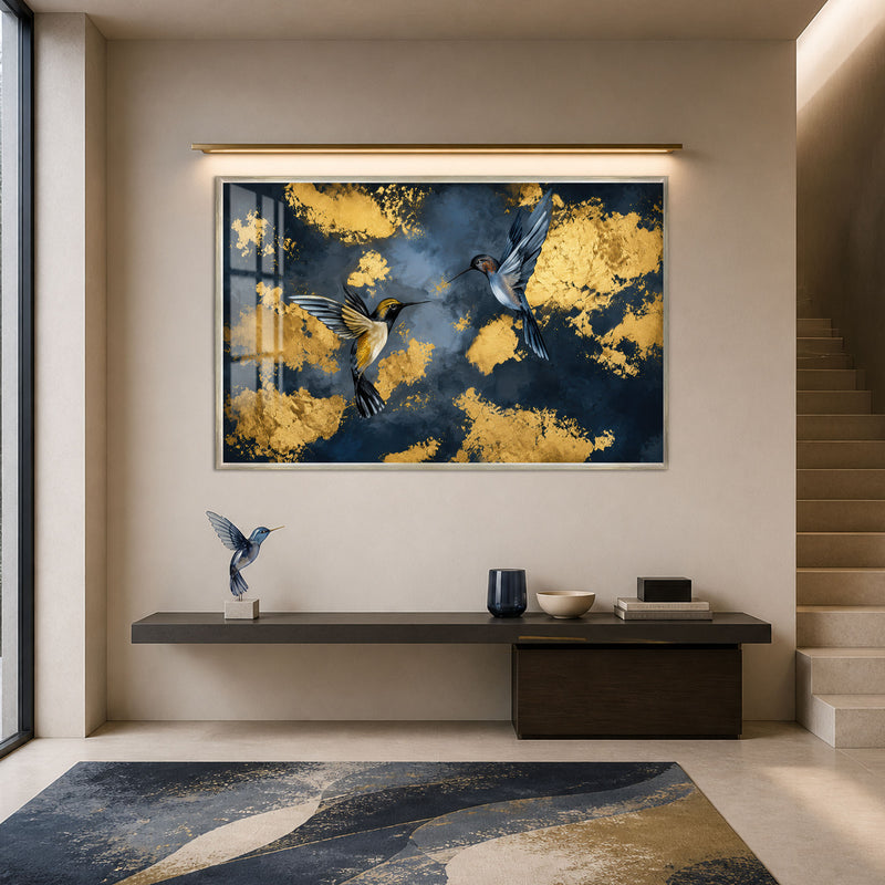 Gilded Hummingbird Dance with silver frame