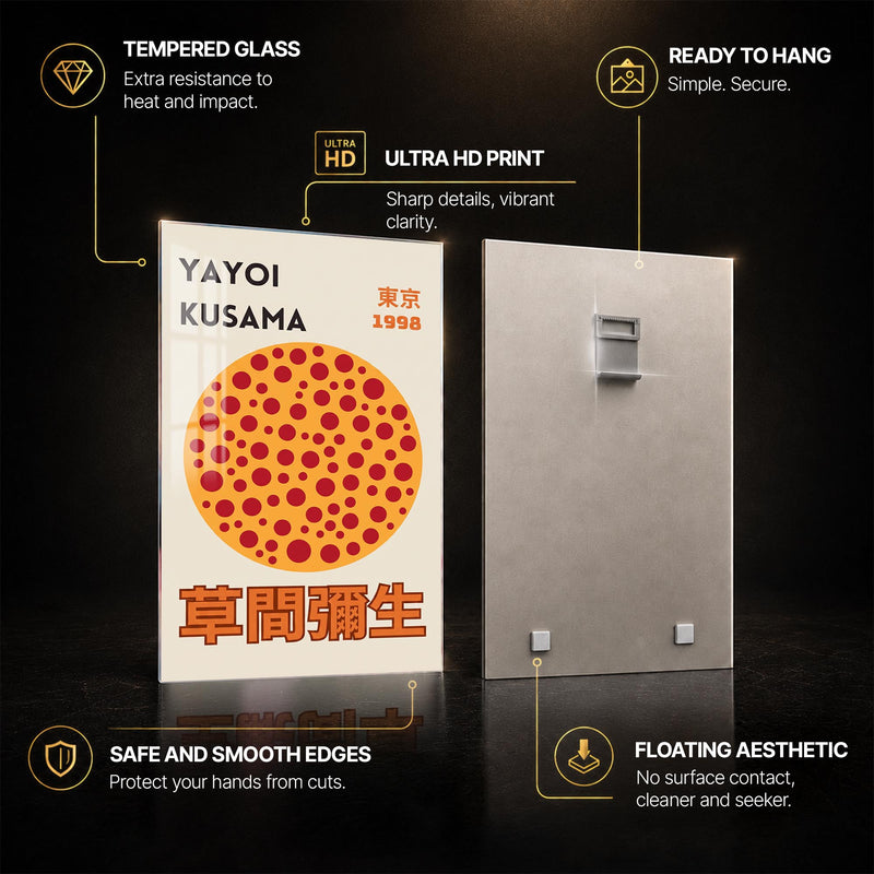 Kusama Tokyo Dots — tempered glass, ultra HD print, ready to hang