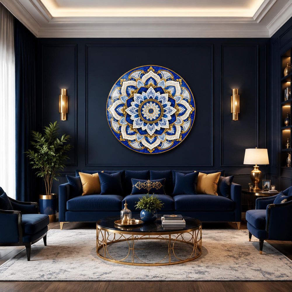 Sapphire Lace Mandala — tempered glass, ultra HD print, ready to hang