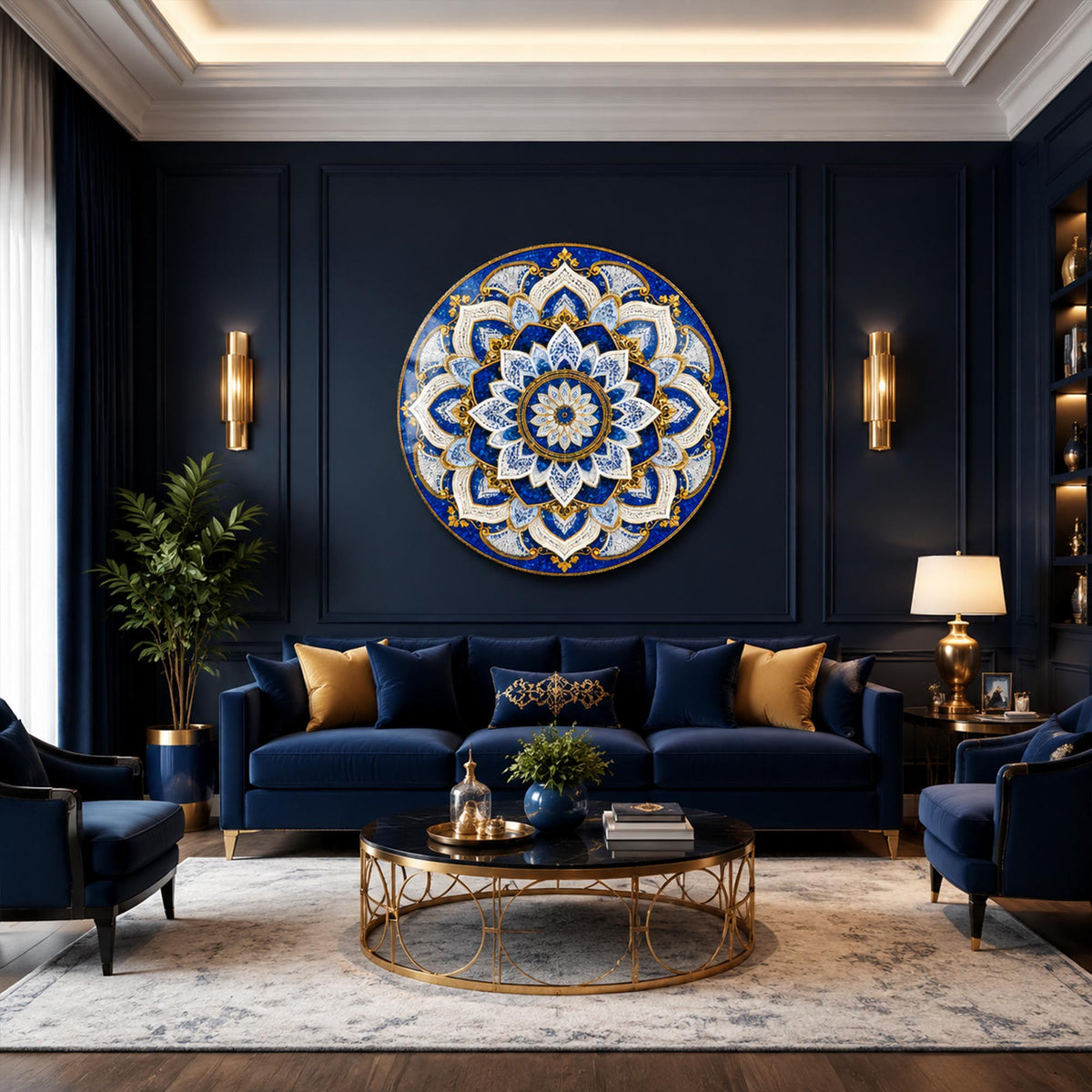 Sapphire Lace Mandala — tempered glass, ultra HD print, ready to hang