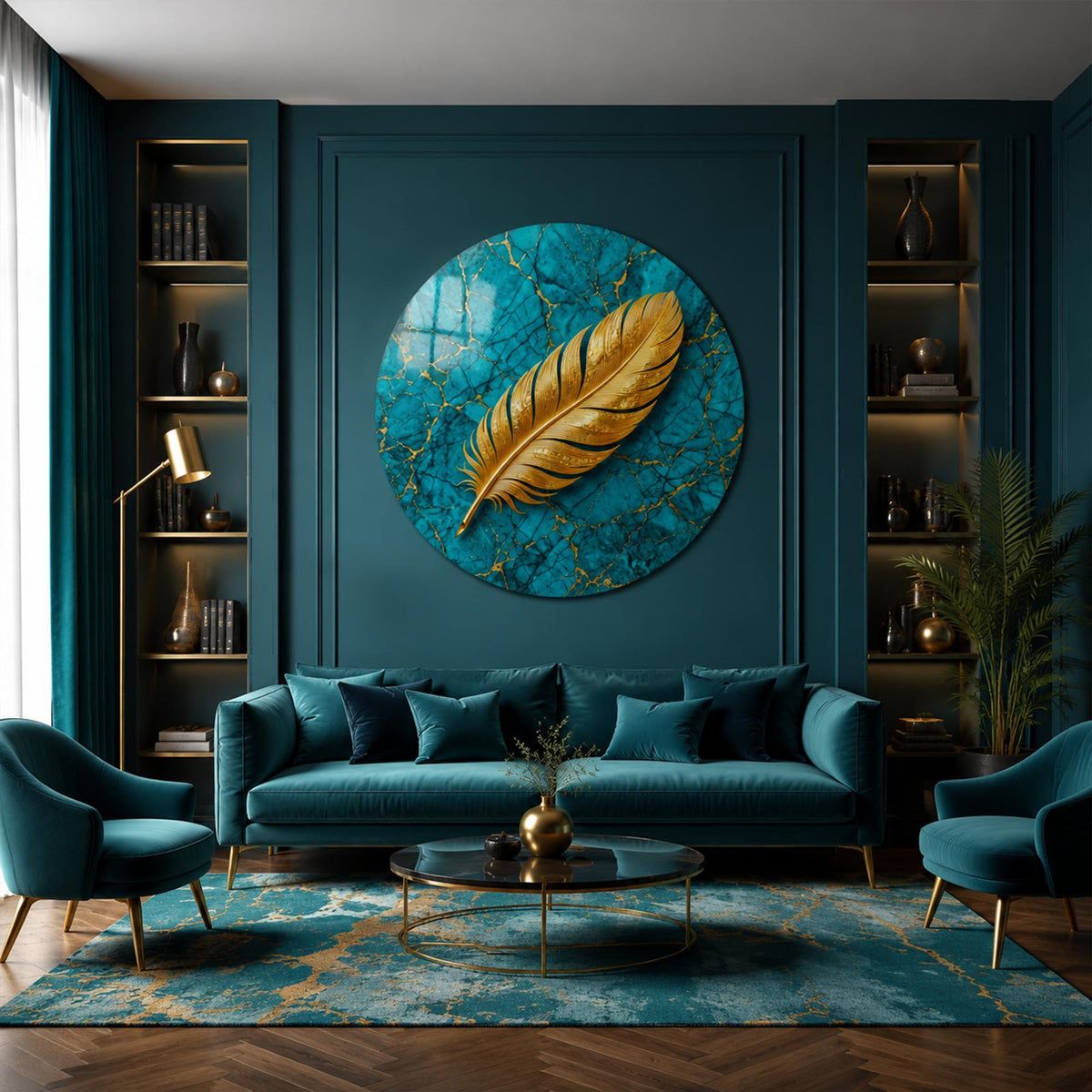 Golden Feather On Turquoise in a modern room