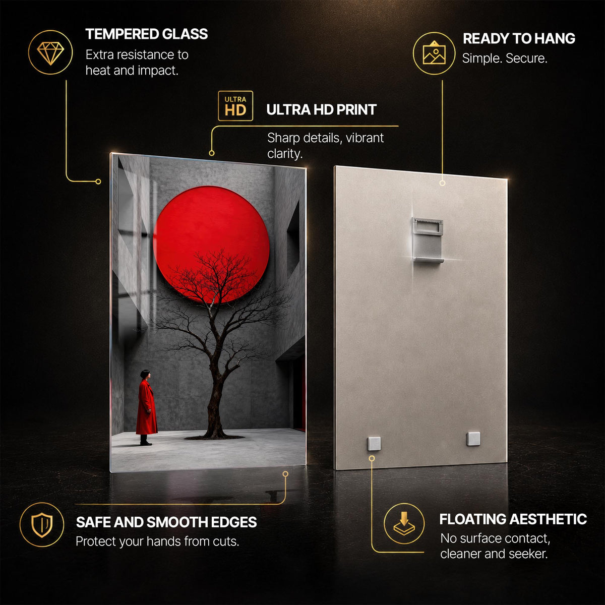 Red Sun Courtyard — tempered glass, ultra HD print, ready to hang