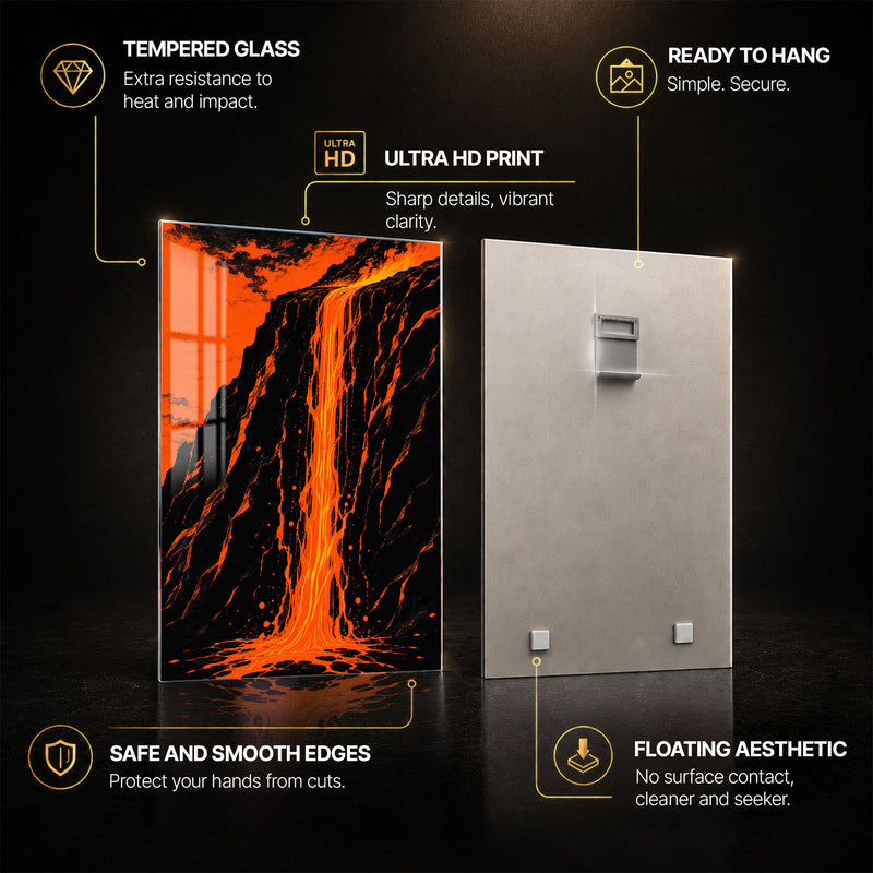Molten Lava Falls — tempered glass, ultra HD print, ready to hang