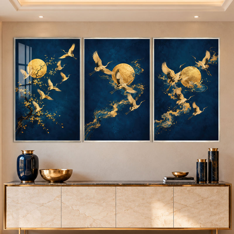 Golden Crane Moon with silver frame