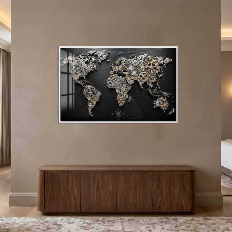 Clockwork World Map with white frame