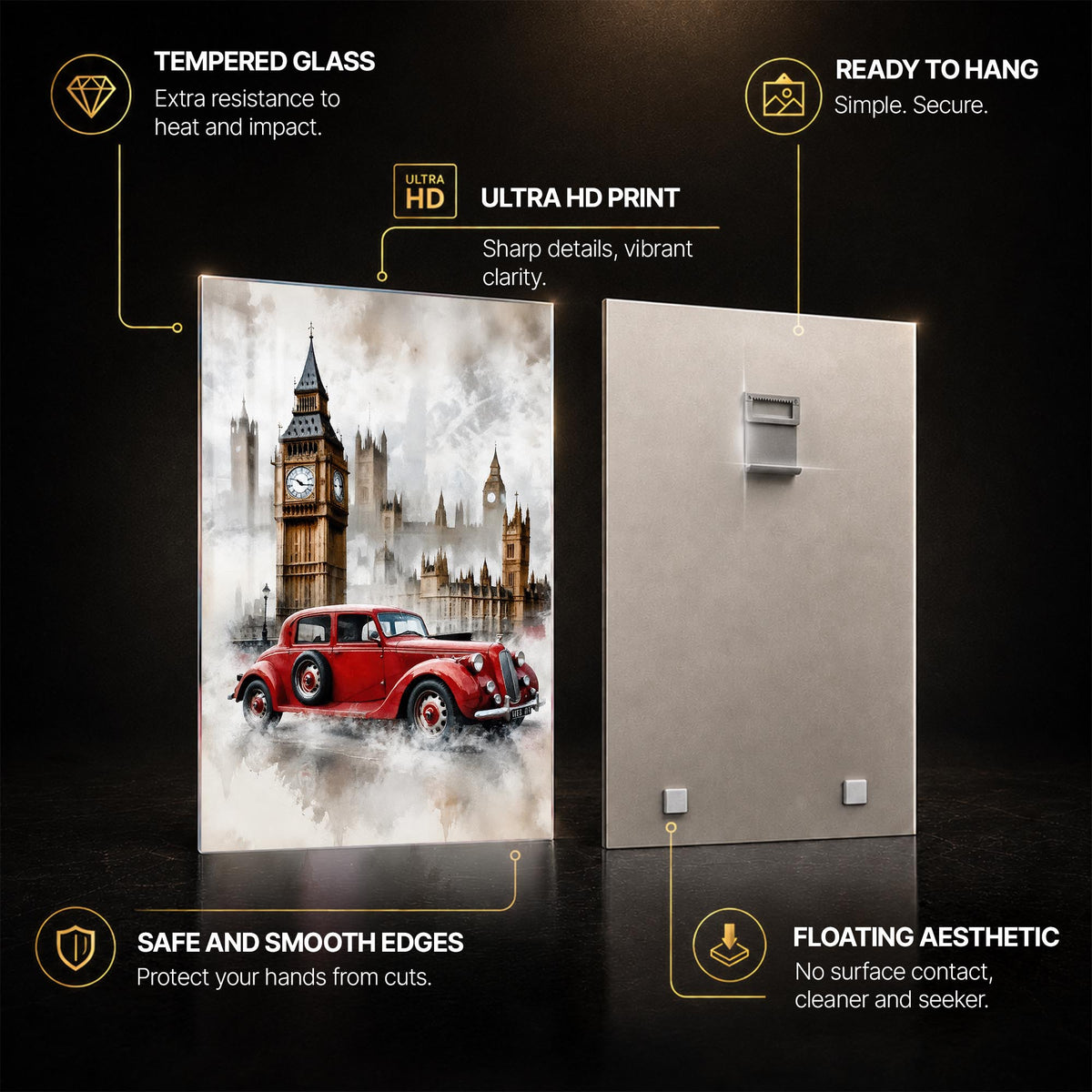 Vintage London Drive — tempered glass, ultra HD print, ready to hang