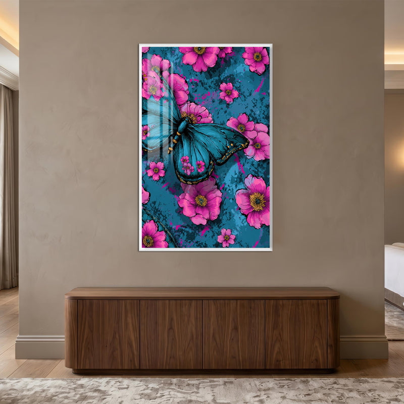 Turquoise Butterfly Garden with white frame