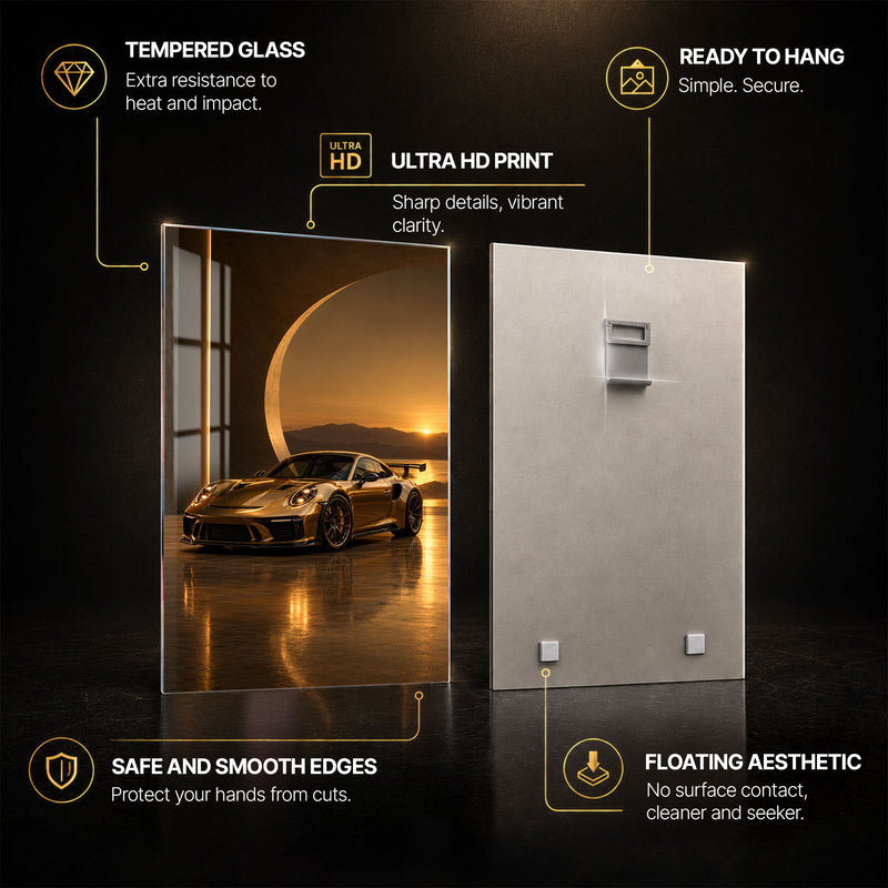 Golden Sunset Sports Cars — tempered glass, ultra HD print, ready to hang
