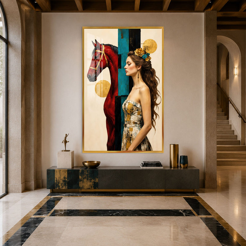 Artronauts Glass Print 12x18 cm | 4.7"x7.1" / Gold Crimson Horse and Muse Glass Wall Art