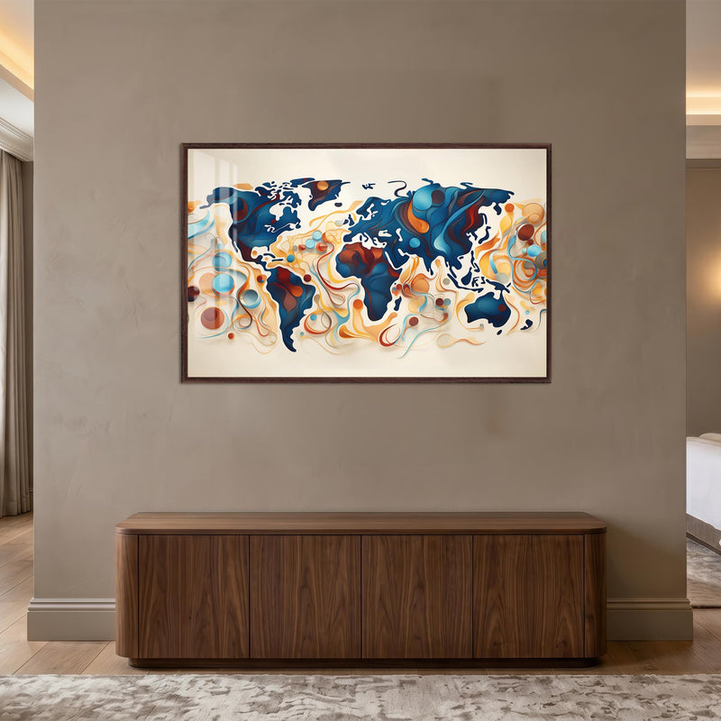 Abstract World Currents with walnut frame