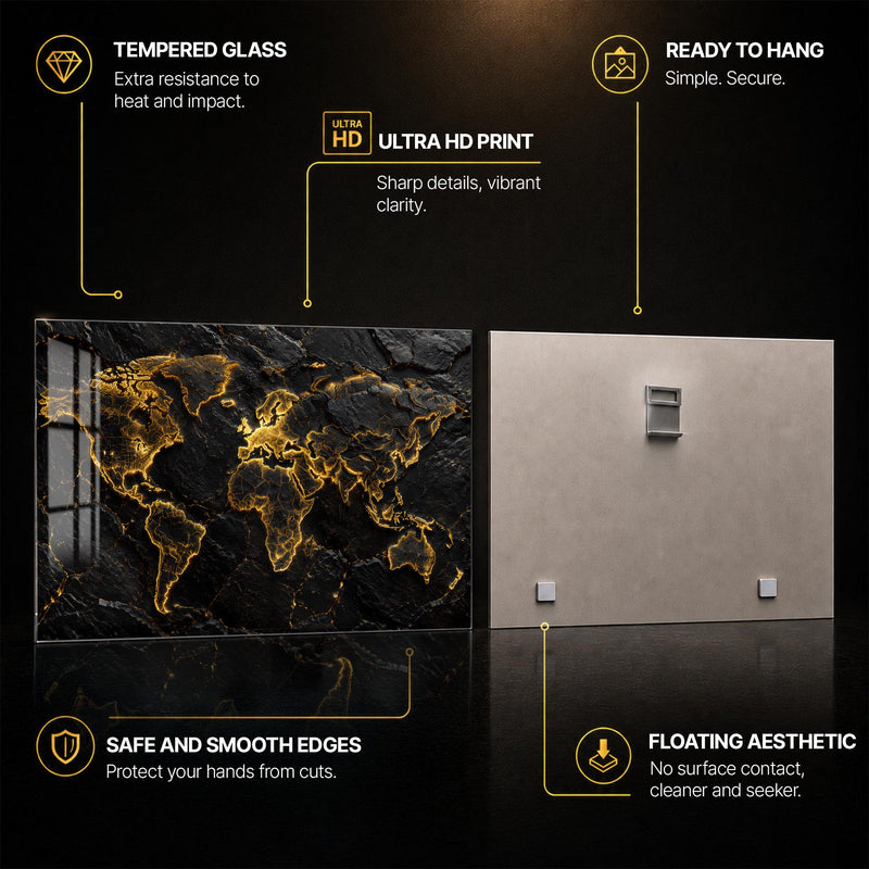 Golden World Map — tempered glass, ultra HD print, ready to hang