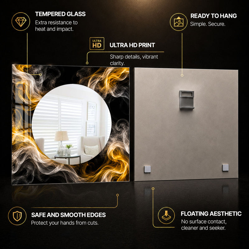 Golden Smoke Halo — tempered glass, ultra HD print, ready to hang