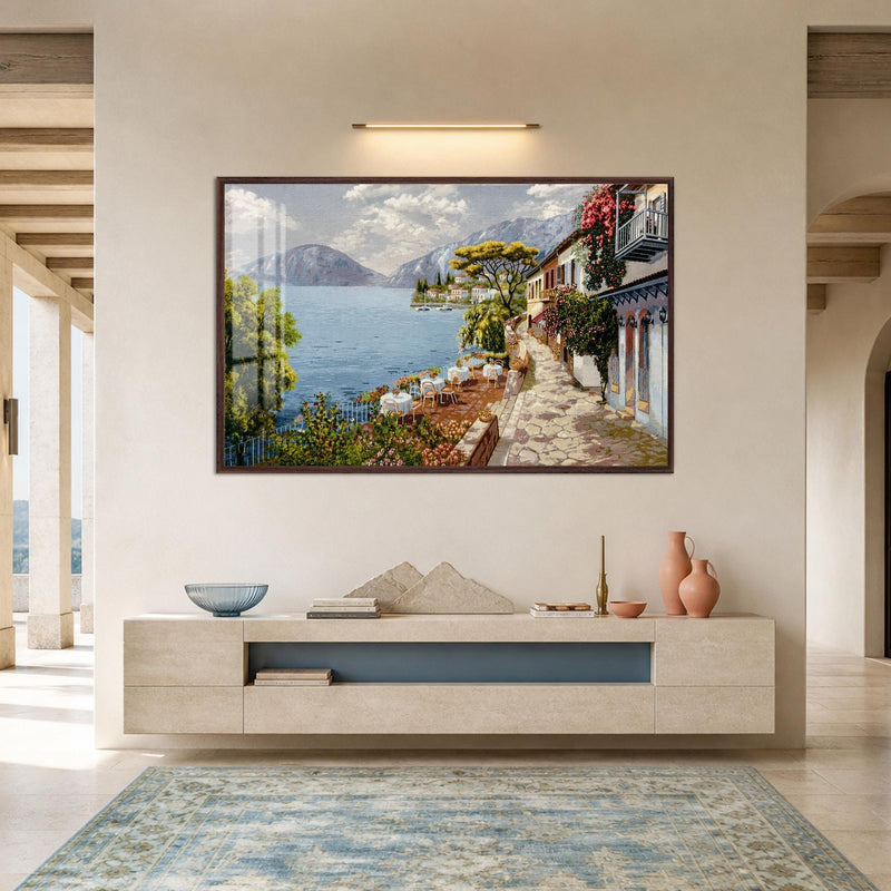 Artronauts Glass Print 18x12 cm | 7.1"x4.7" / Walnut Riviera Lakeside Terrace Glass Wall Art