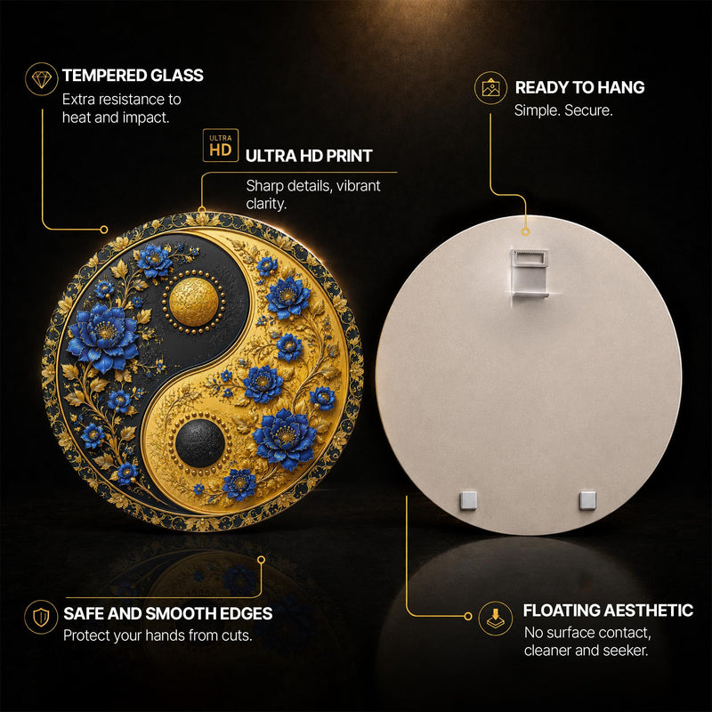 Floral Yin Yang — tempered glass, ultra HD print, ready to hang