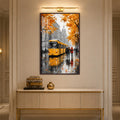 Yellow Tram in Rain with walnut frame