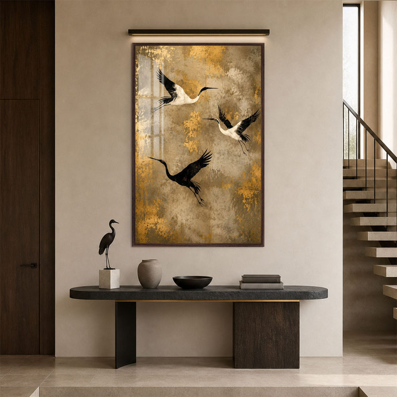 Artronauts Glass Print 12x18 cm | 4.7"x7.1" / Walnut Golden Crane Flight Glass Wall Art