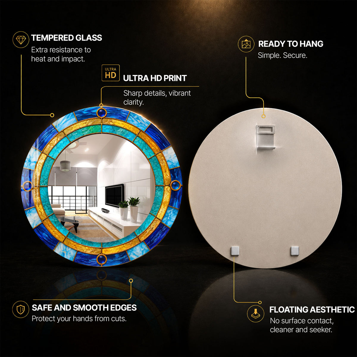 Azure Jewel Mosaic — tempered glass, ultra HD print, ready to hang