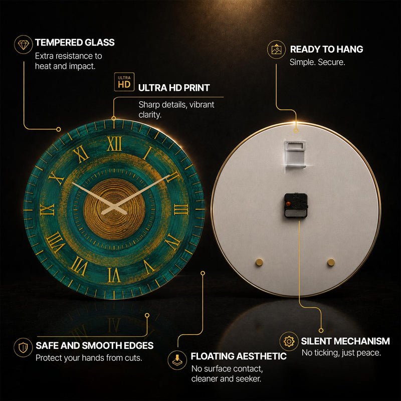 Emerald Gold Rings — tempered glass, ultra HD print, ready to hang