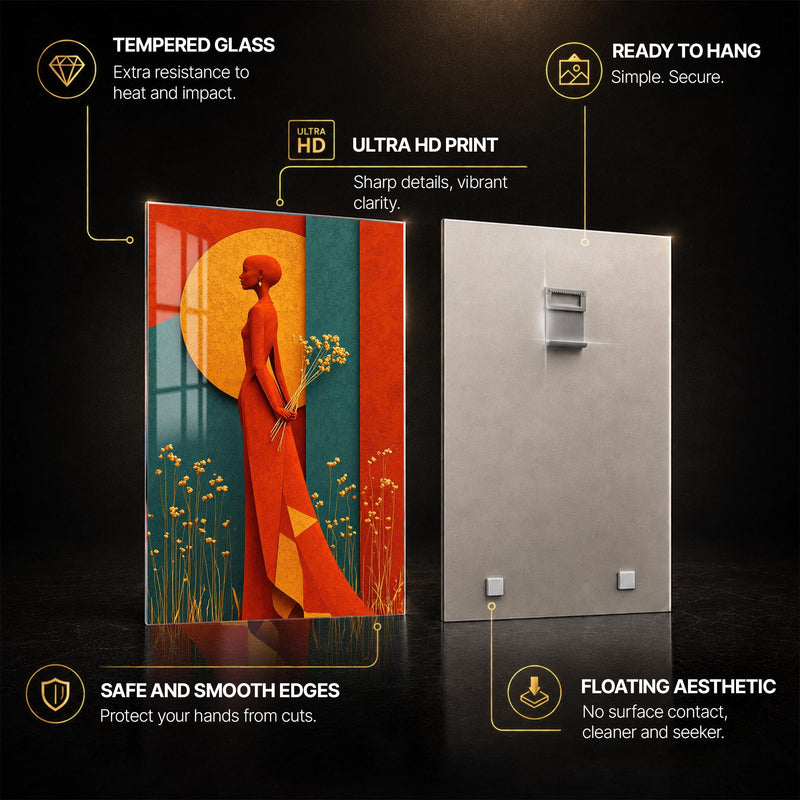 Golden Bloom Silhouette — tempered glass, ultra HD print, ready to hang