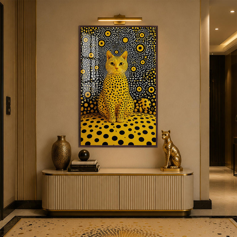 Golden Polka Dot Cat with walnut frame