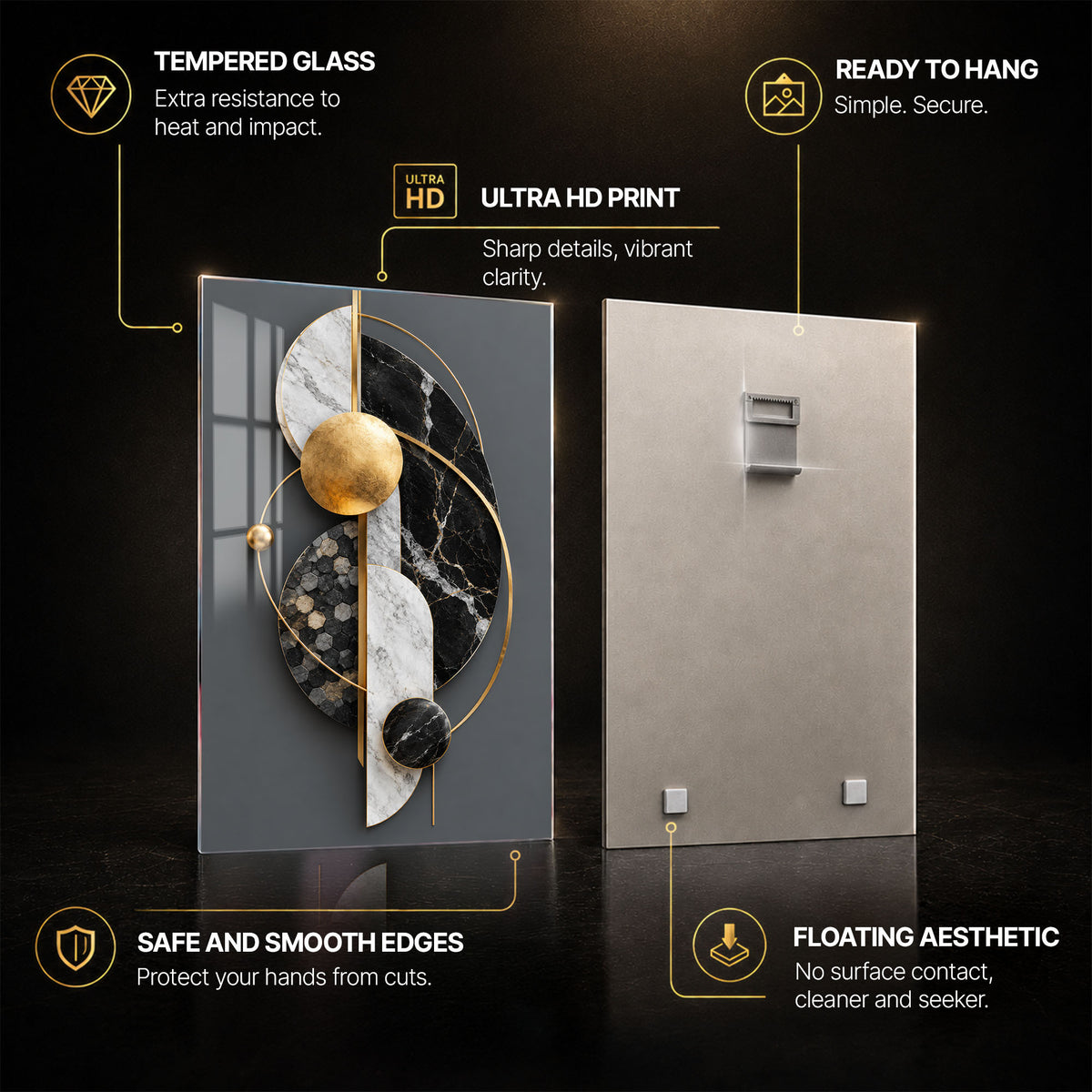 Golden Marble Harmony — tempered glass, ultra HD print, ready to hang