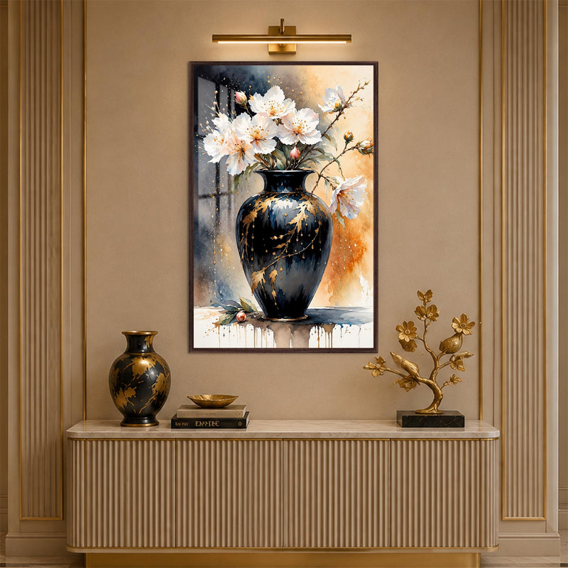 Blossoms in Black Vase with walnut frame