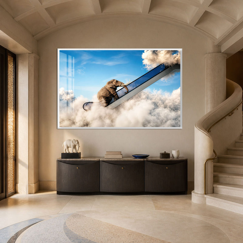 Artronauts Glass Print 18x12 cm | 7.1"x4.7" / White Elephant Sky Escalator Glass Wall Art