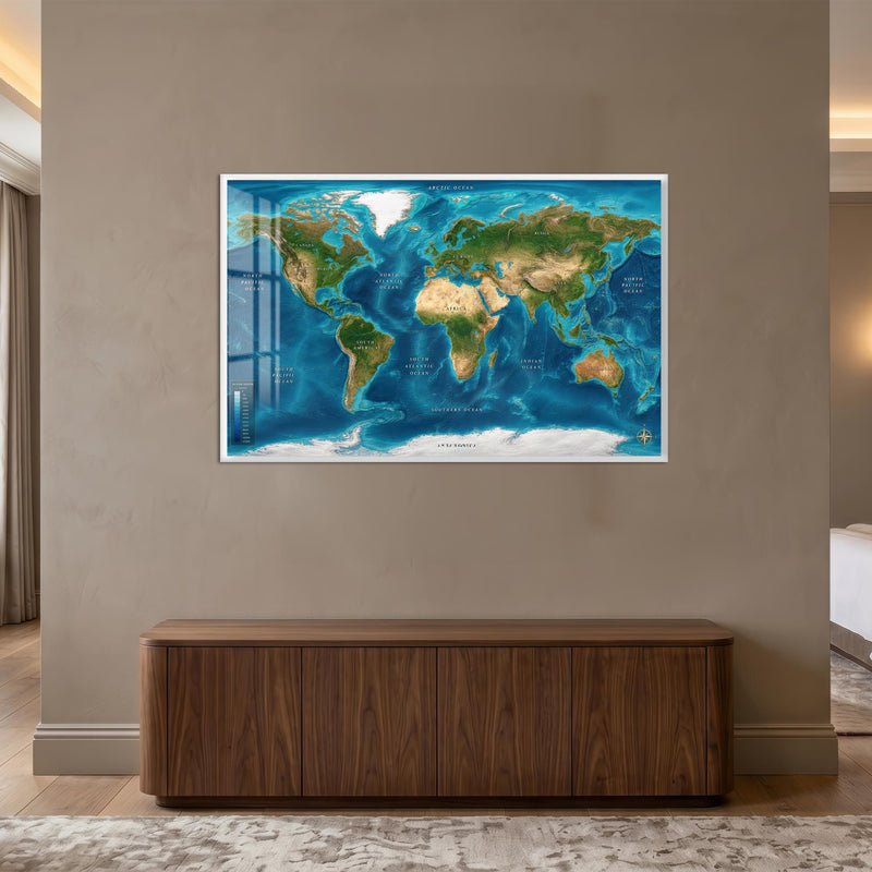 Ocean Relief World Map with white frame