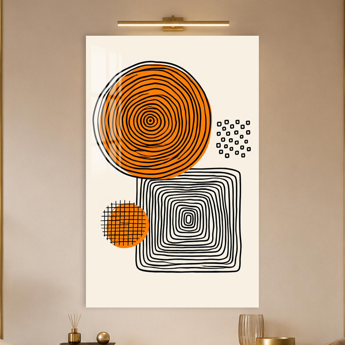 Orange Geometric Ripples in a modern room