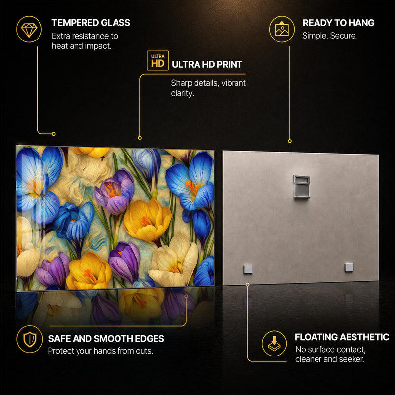 Vibrant Crocus Garden — tempered glass, ultra HD print, ready to hang