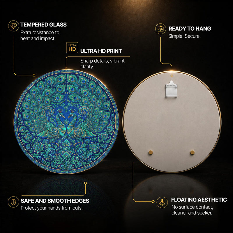Peacock Pair Heart Medallion — tempered glass, ultra HD print, ready to hang