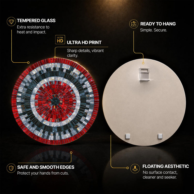 Crimson Mosaic Rings — tempered glass, ultra HD print, ready to hang